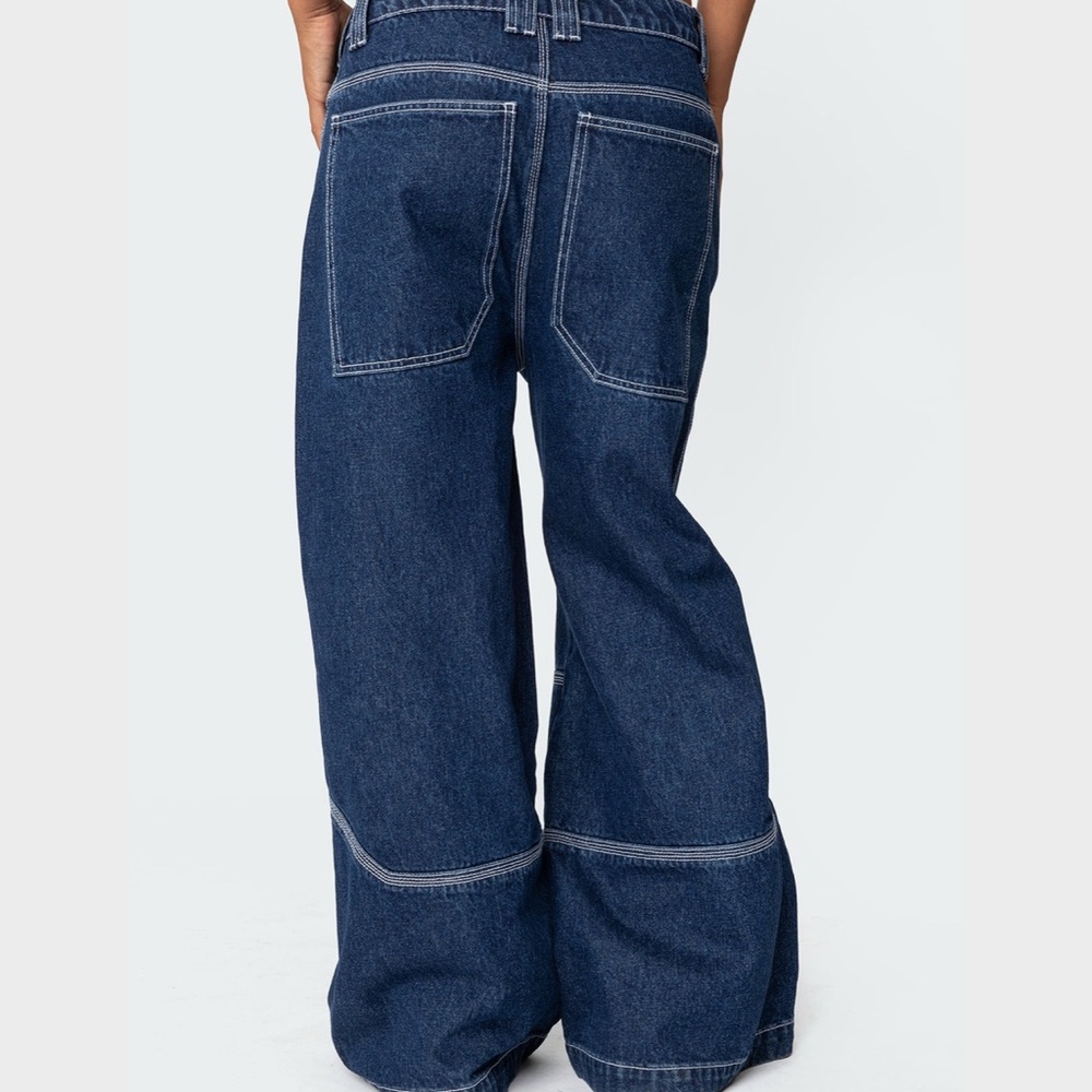 Edikted Dark Blue Wide Leg Flare Jeans - Picture 5 of 13